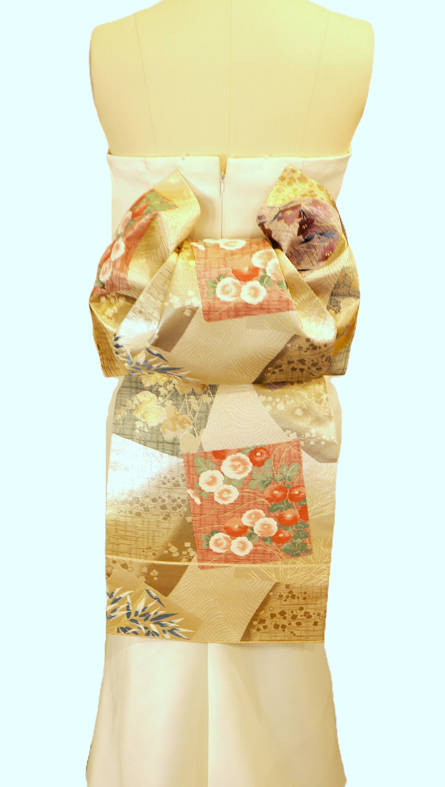 OBI sash medium tail pre tied silk gold brocade ivory Gold Silver pink champagne Chrysanthemum FUKURASUZUME