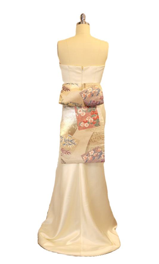 OBI sash medium tail pre tied silk gold brocade ivory Gold Silver pink champagne Chrysanthemum OTAIKO