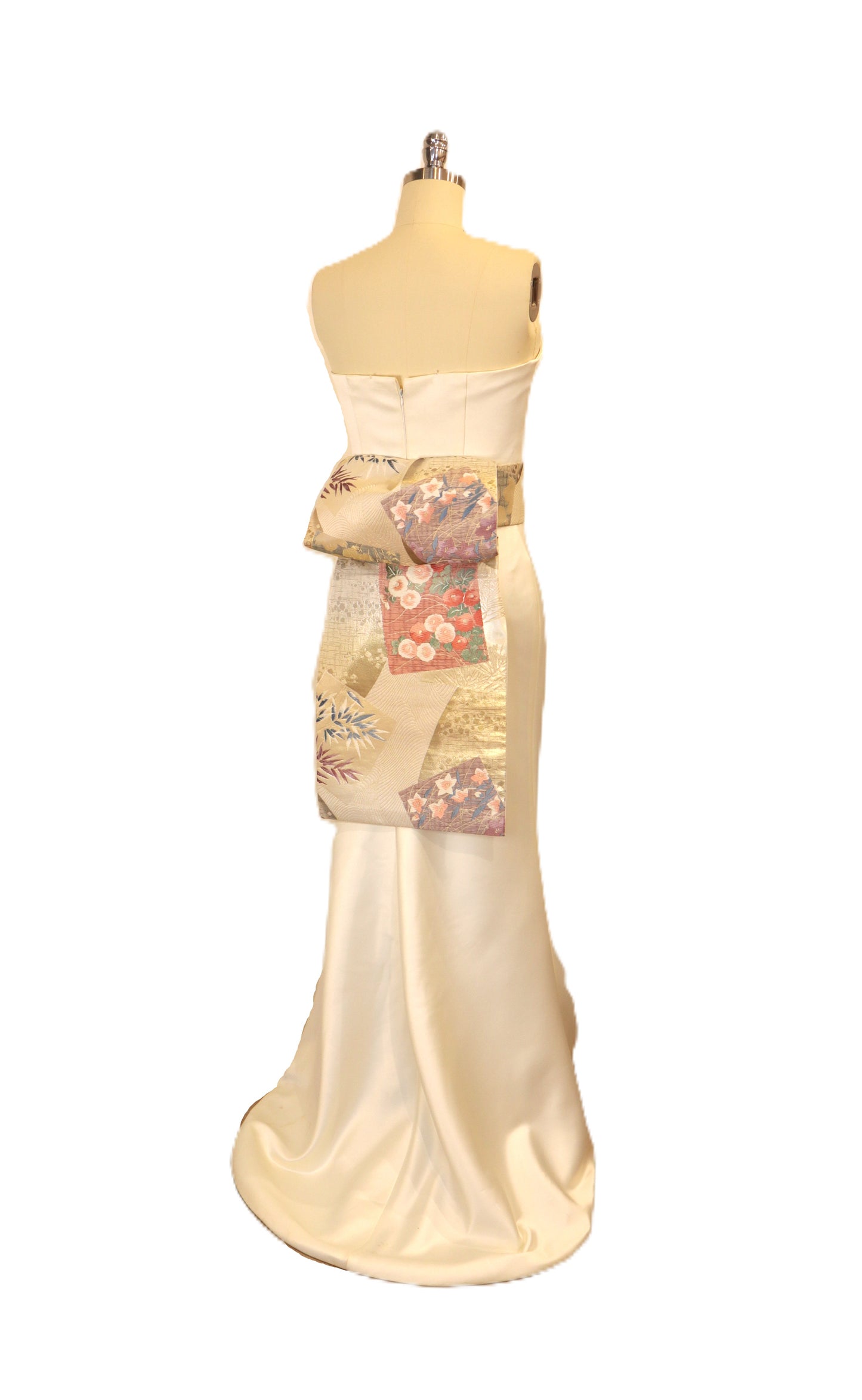 OBI sash medium tail pre tied silk gold brocade ivory Gold Silver pink champagne Chrysanthemum OTAIKO