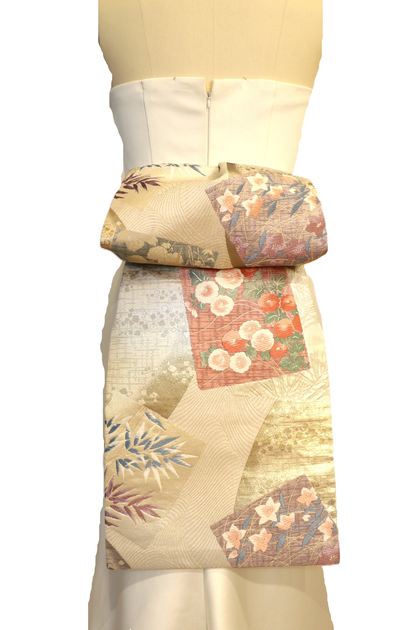 OBI sash medium tail pre tied silk gold brocade ivory Gold Silver pink champagne Chrysanthemum OTAIKO