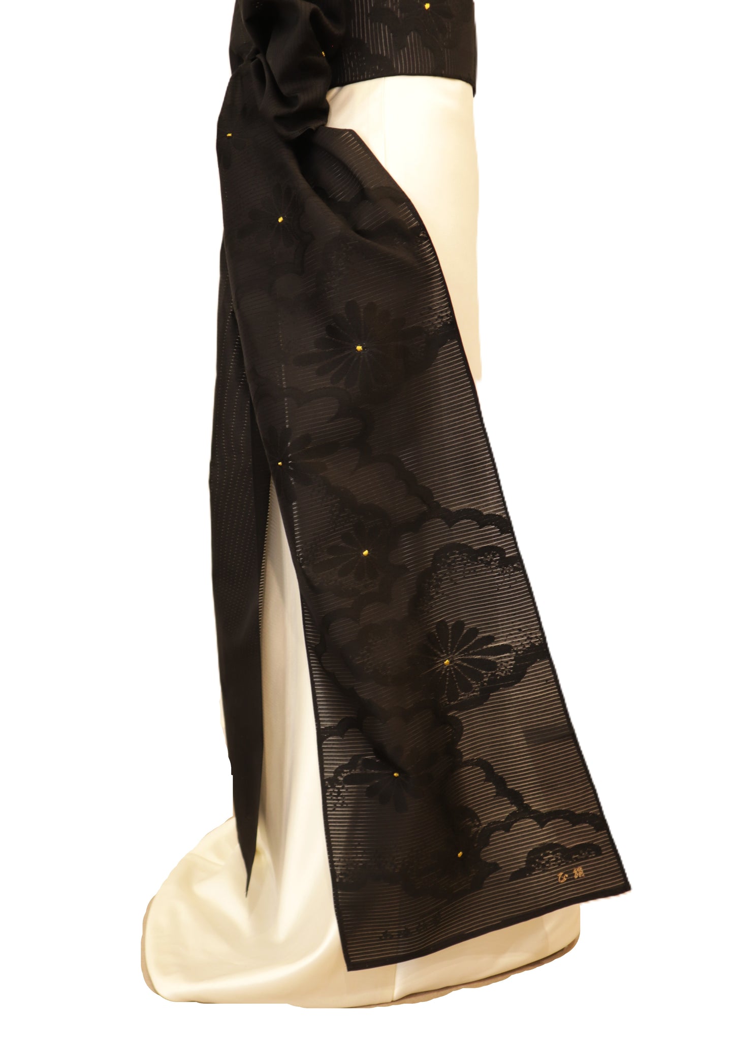 OBI sash long tail self tie silk Ro black Chrysanthemum gold hand embroidery