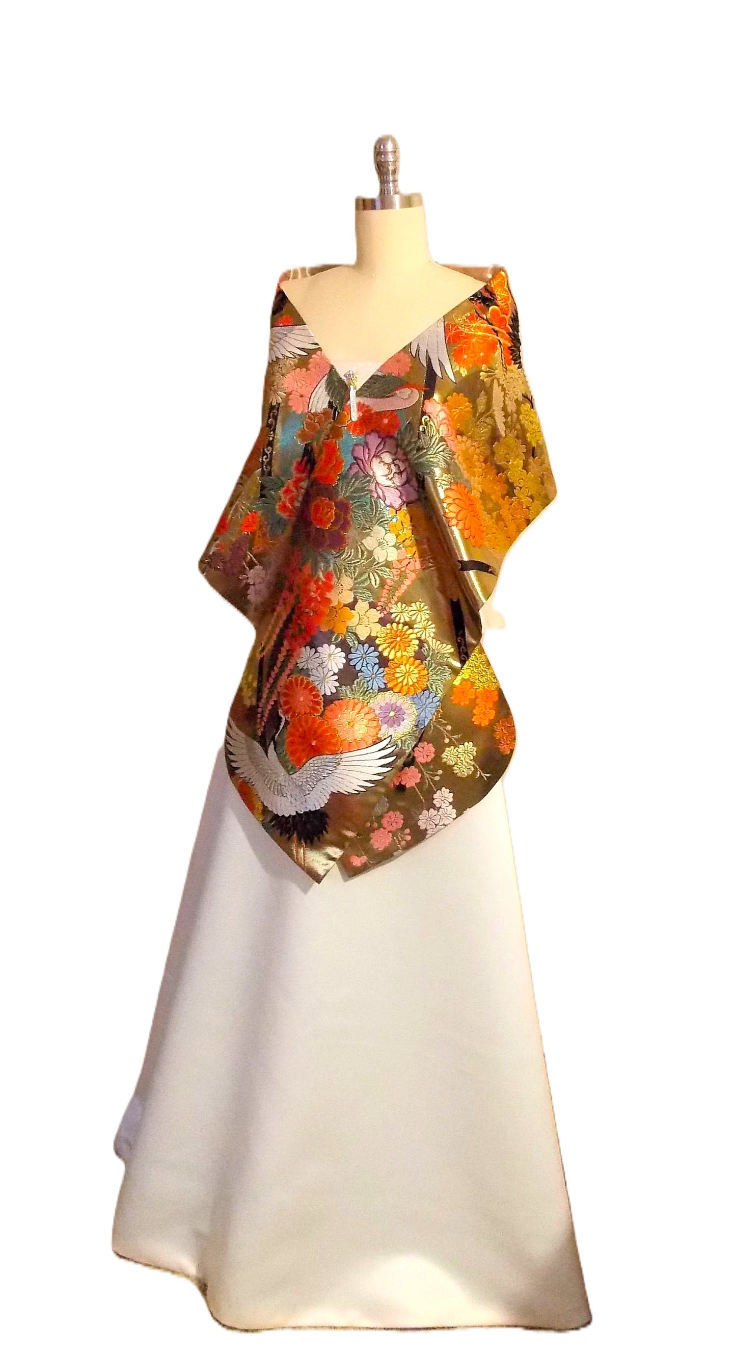 KIMONO Châle Mariage Vintage UCHIKAKE soie brocart doré métallisé grue chrysanthème SAKURA fleur de cerisier fait sur commande