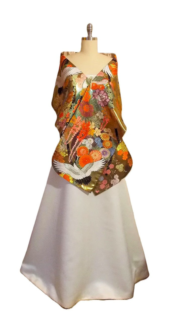 KIMONO Châle Mariage Vintage UCHIKAKE soie brocart doré métallisé grue chrysanthème SAKURA fleur de cerisier fait sur commande