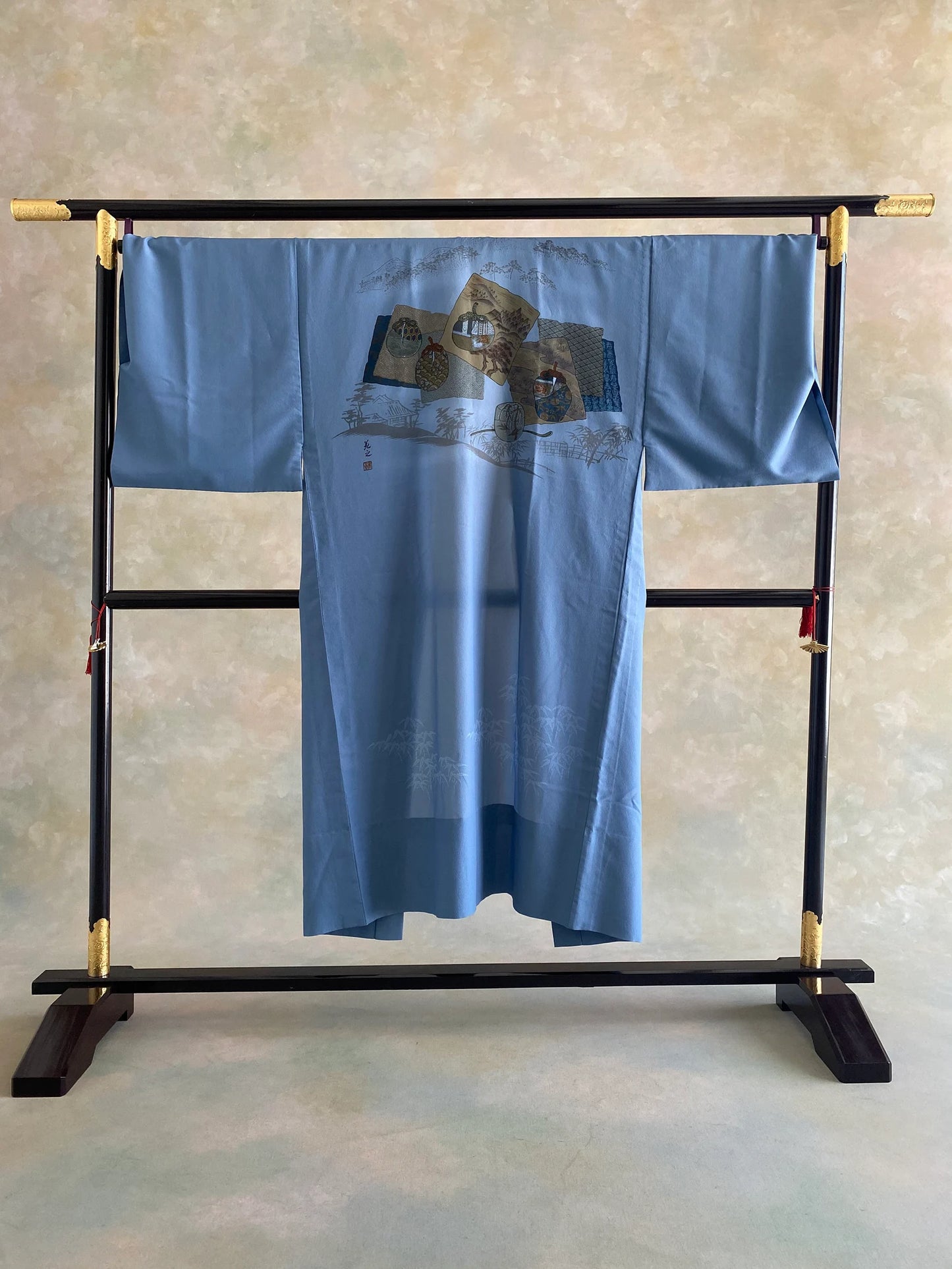 SAMURAI Men's kimono Four piece set #6 vintage MONTSUKI Hakama Kimono Haori Juban Black Gold size S ready to ship