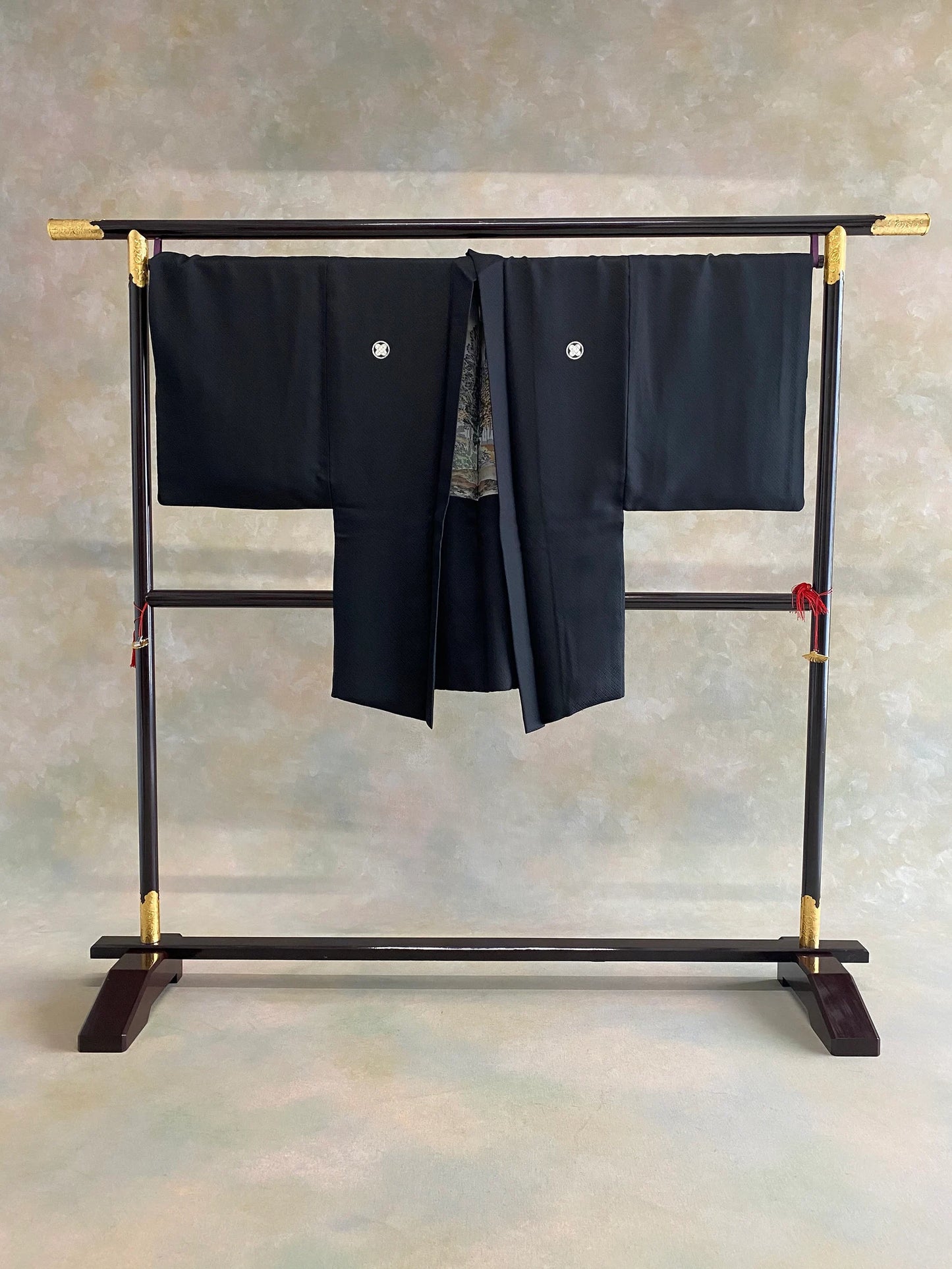 SAMURAI Men's kimono Four piece set #6 vintage MONTSUKI Hakama Kimono Haori Juban Black Gold size S ready to ship