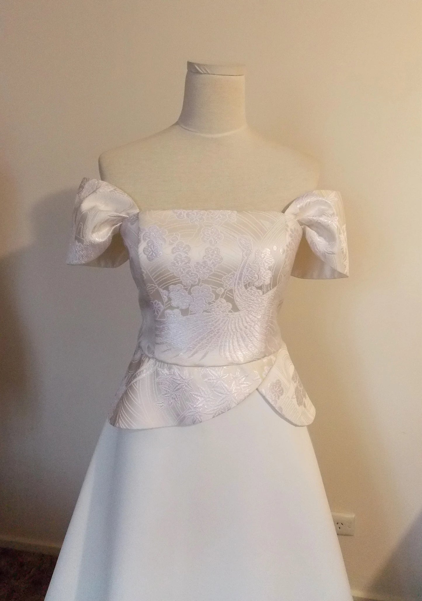 Wedding dress with vintage White KIMONO top OBI bow sash belt Ivory crane chrysanthemum spring flower A line made to order
