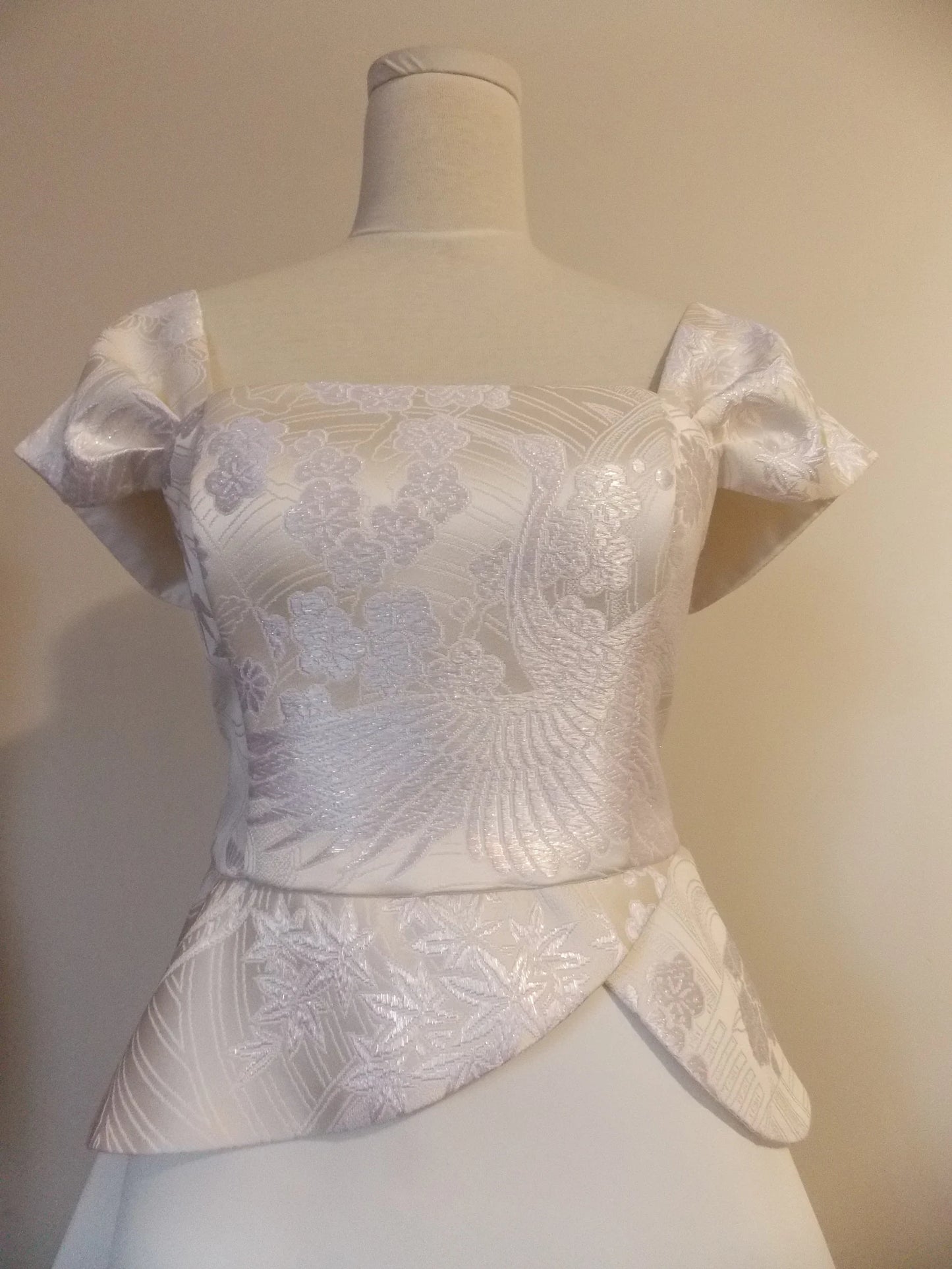 Wedding dress with vintage White KIMONO top OBI bow sash belt Ivory crane chrysanthemum spring flower A line made to order