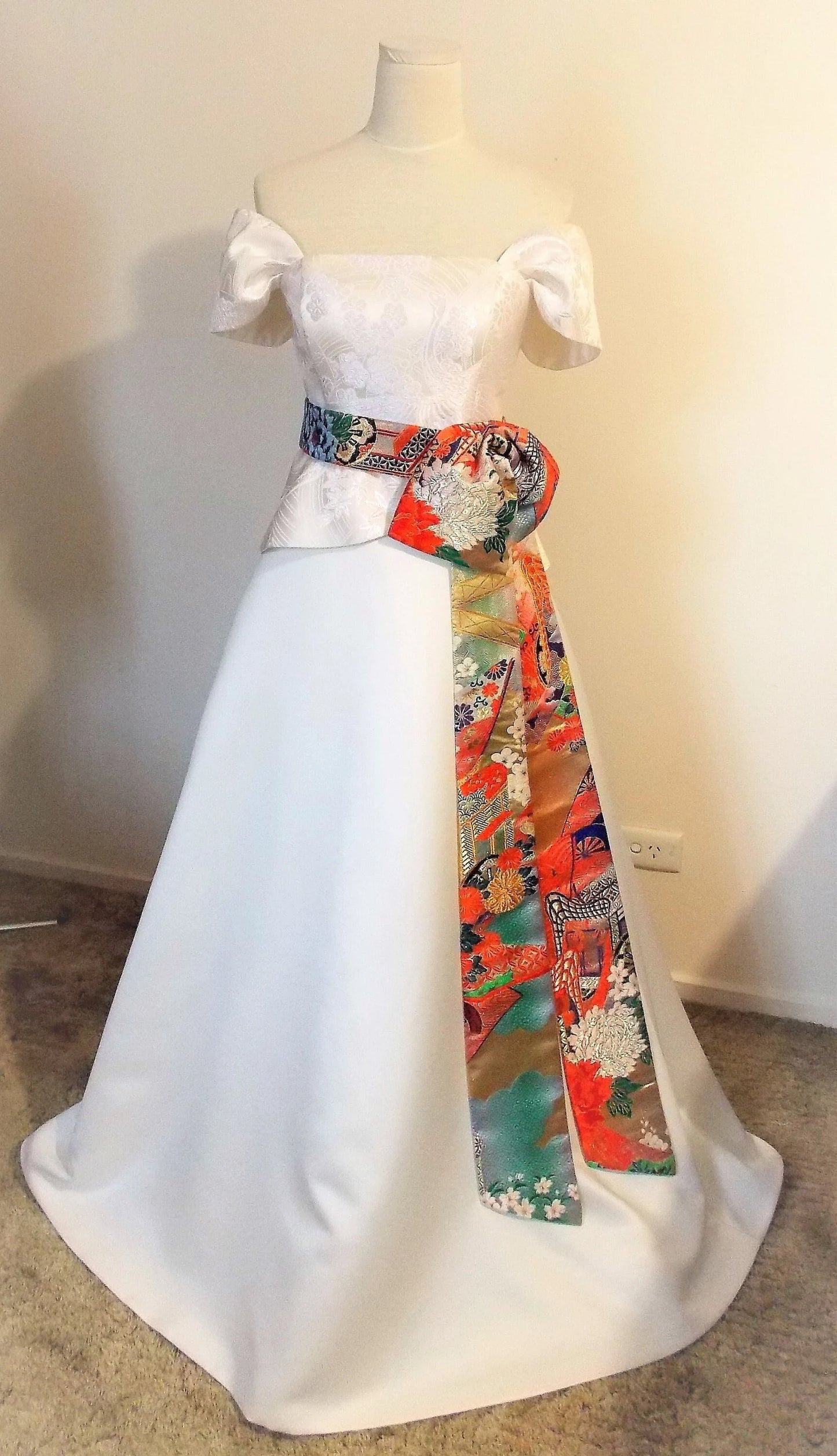 Wedding dress with vintage White KIMONO top OBI bow sash belt Ivory crane chrysanthemum spring flower A line made to order