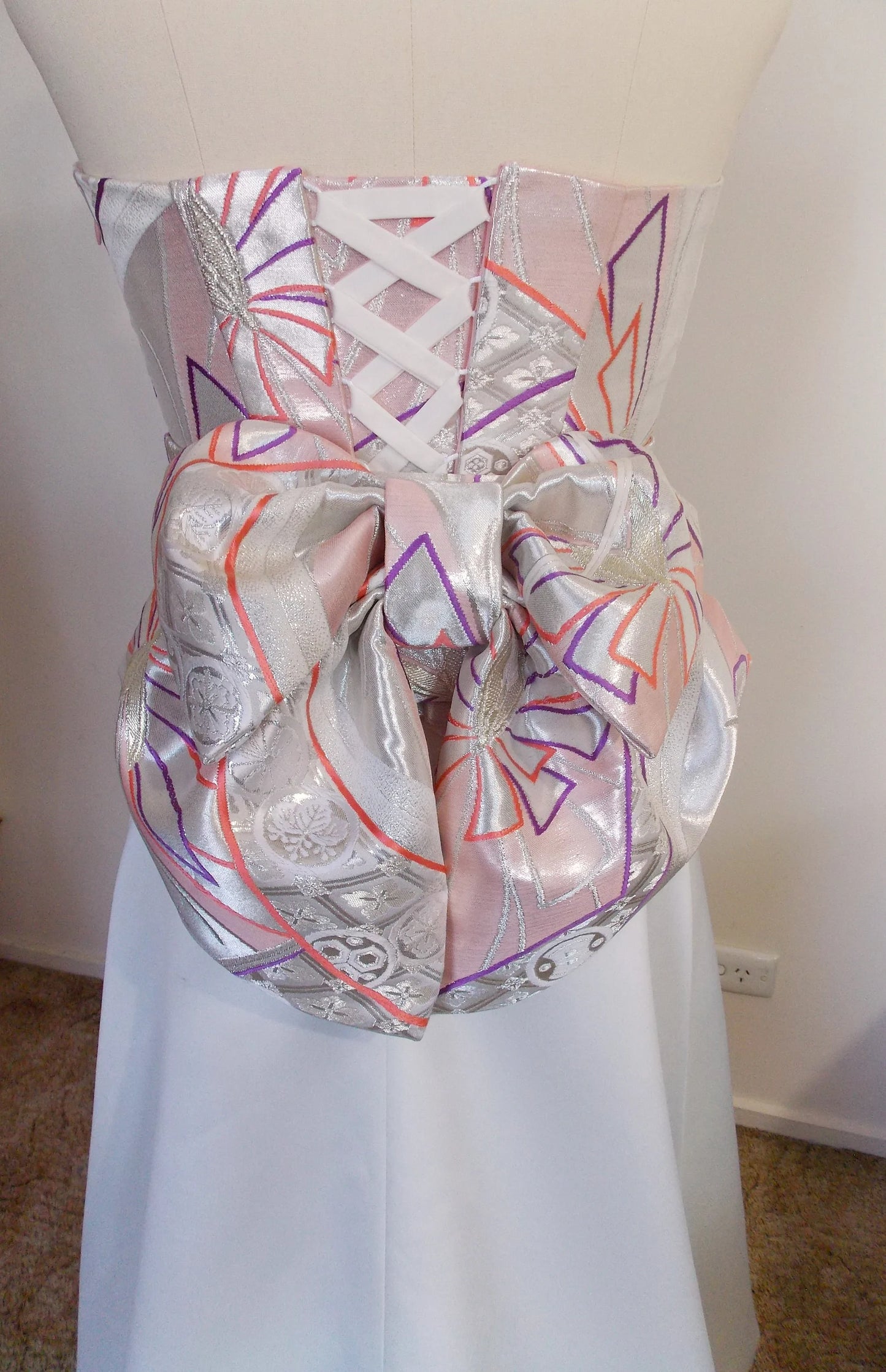KIMONO wedding dress top bustier Lace up back made with vintage silk Pink silver OBI gold brocade butterfly KAMON flower size 8 10 ready to ship