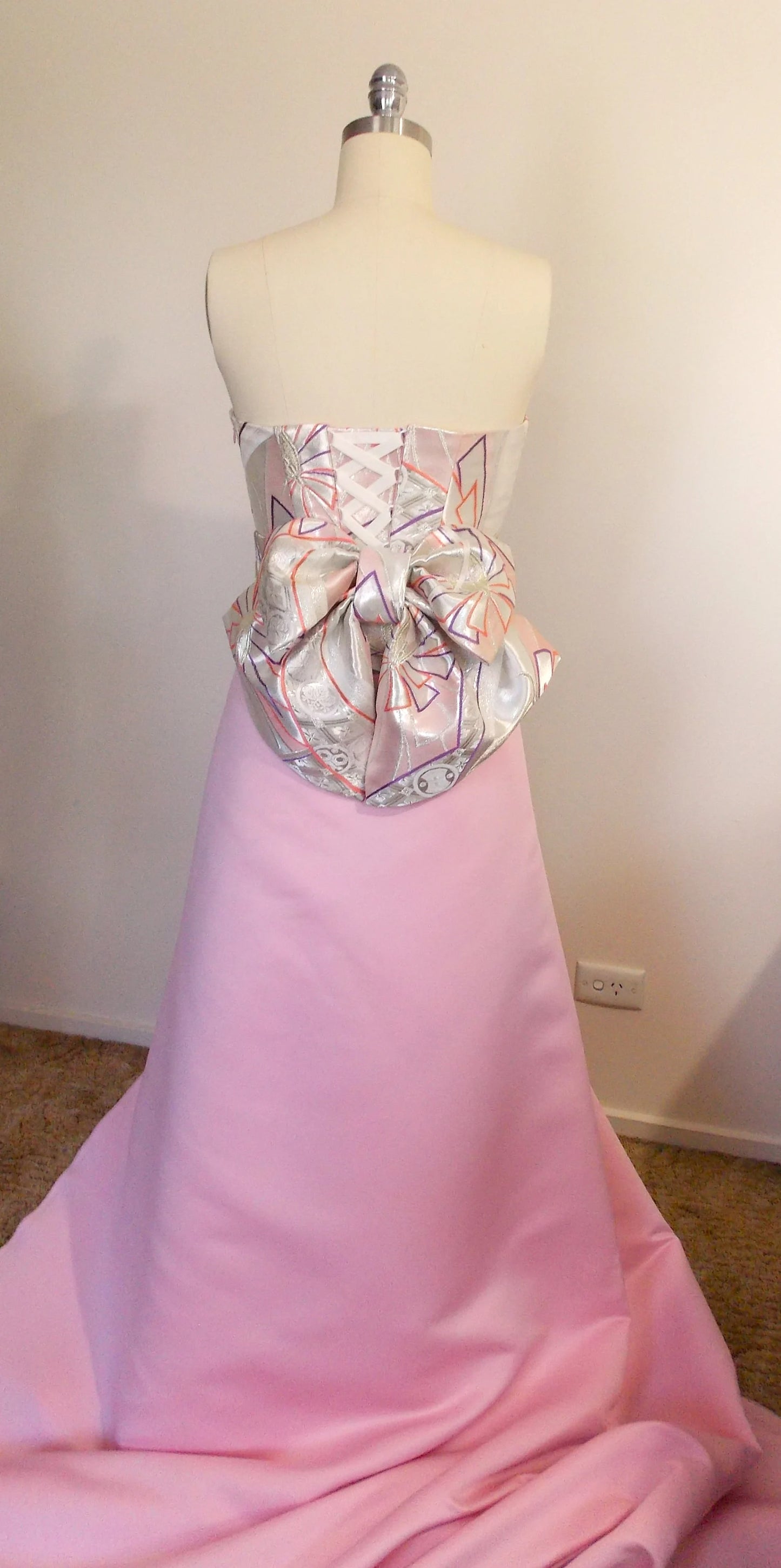 KIMONO wedding dress top bustier Lace up back made with vintage silk Pink silver OBI gold brocade butterfly KAMON flower size 8 10 ready to ship