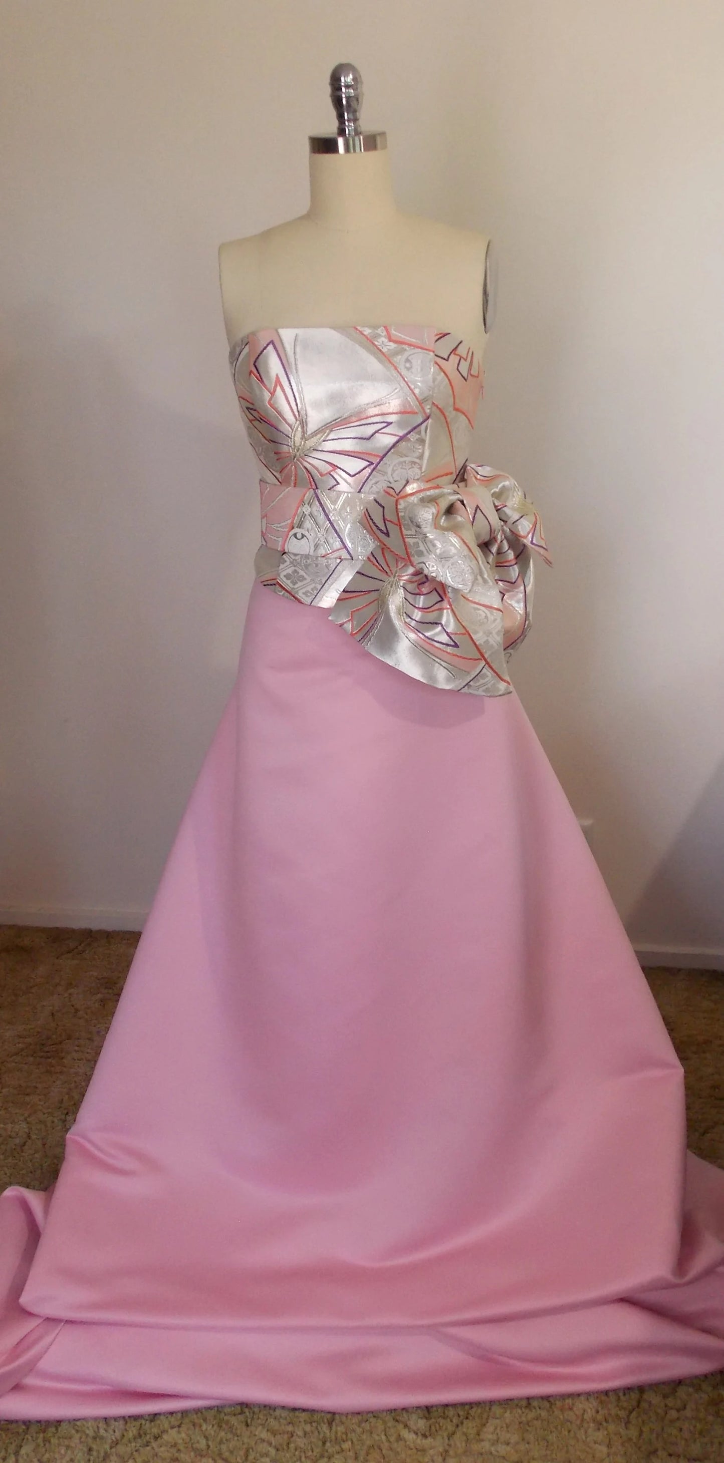 KIMONO wedding dress top bustier Lace up back made with vintage silk Pink silver OBI gold brocade butterfly KAMON flower size 8 10 ready to ship