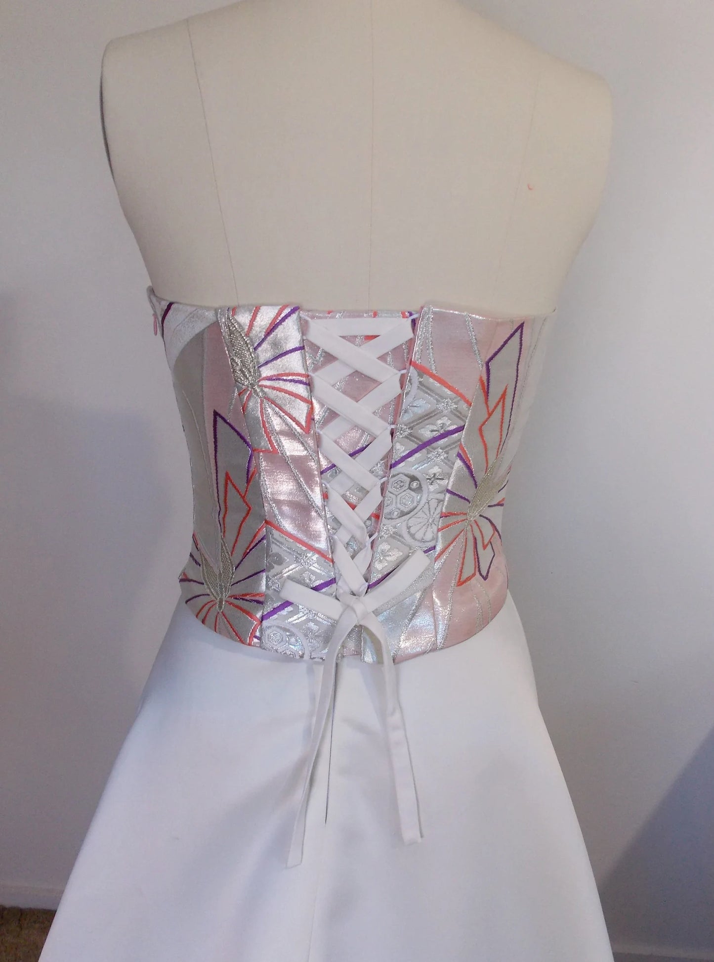 KIMONO wedding dress top bustier Lace up back made with vintage silk Pink silver OBI gold brocade butterfly KAMON flower size 8 10 ready to ship
