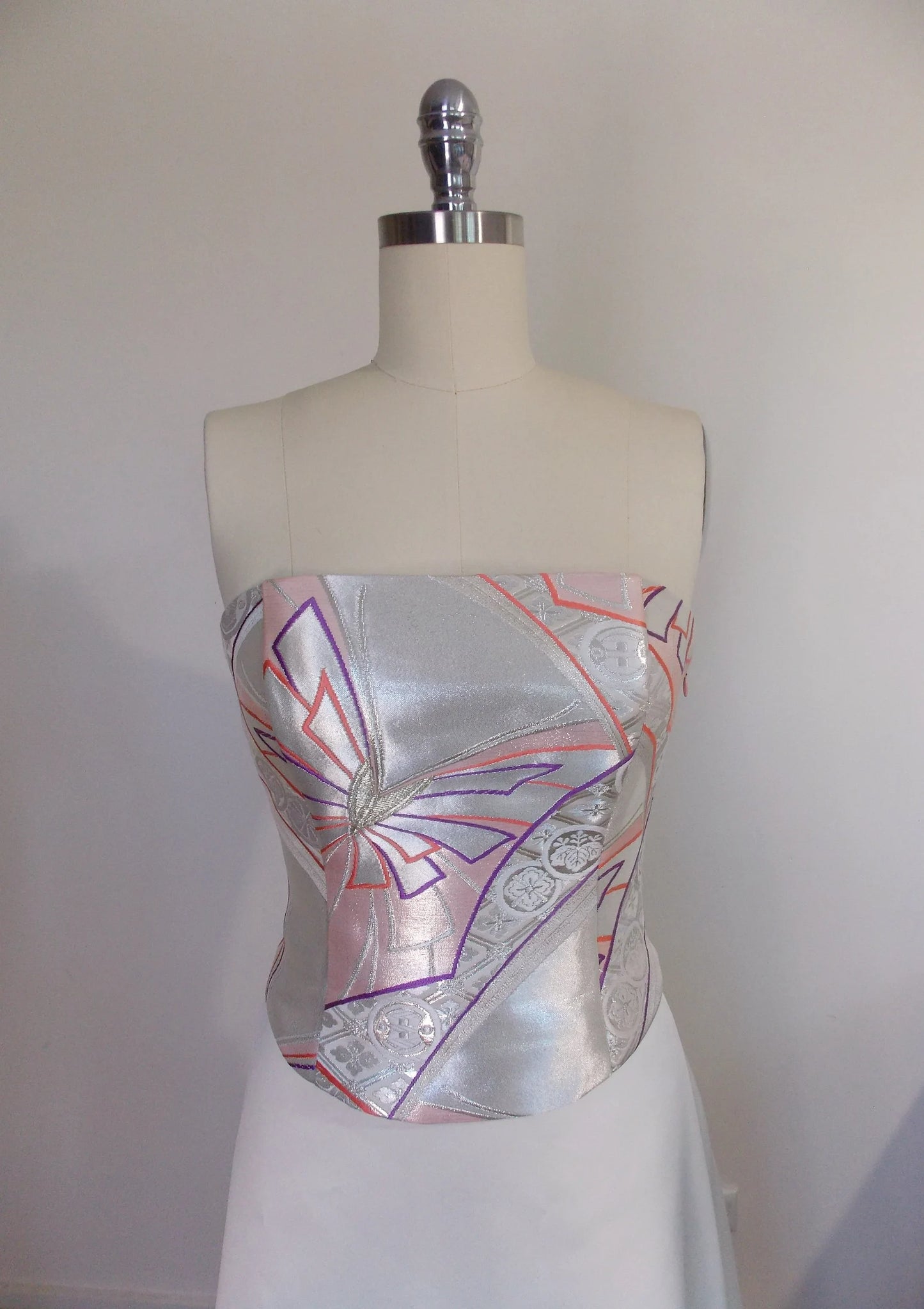 KIMONO wedding dress top bustier Lace up back made with vintage silk Pink silver OBI gold brocade butterfly KAMON flower size 8 10 ready to ship