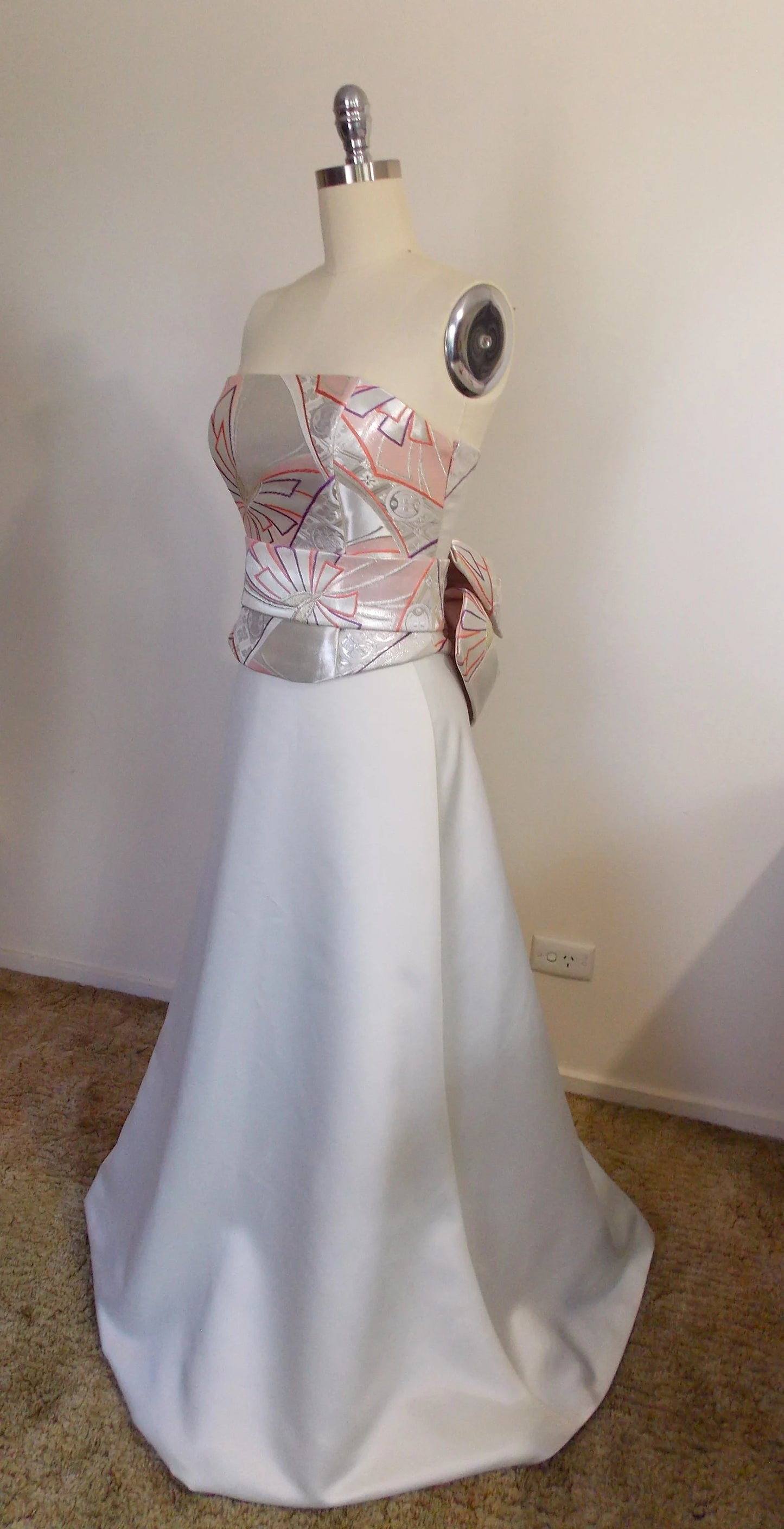 KIMONO wedding dress top bustier Lace up back made with vintage silk Pink silver OBI gold brocade butterfly KAMON flower size 8 10 ready to ship