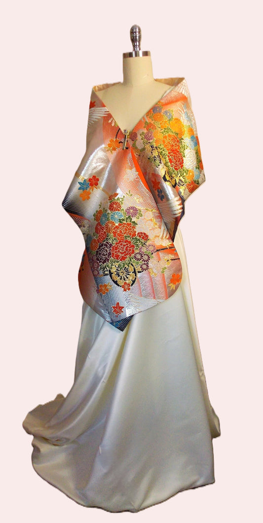KIMONO Schal Hochzeit Vintage UCHIKAKE Seide Gold Brokat Silber orange grau weiß Kranich Blume versandfertig