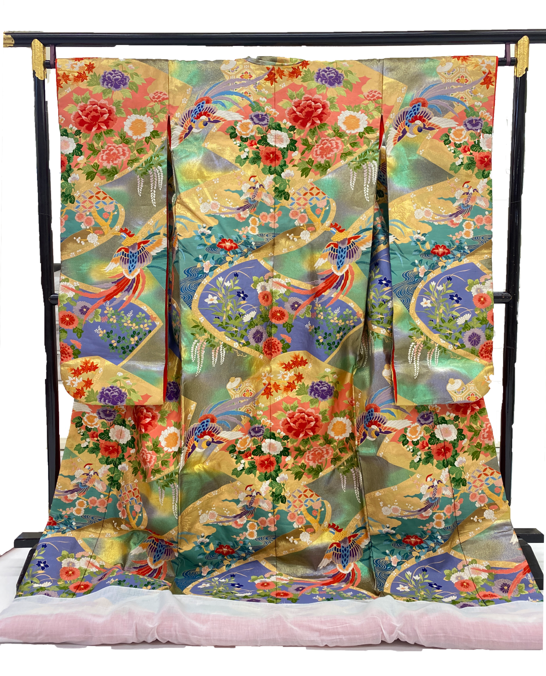 UCHIKAKE Wedding Kimono silk gold brocade aquamarine lavender gold phoenix size free