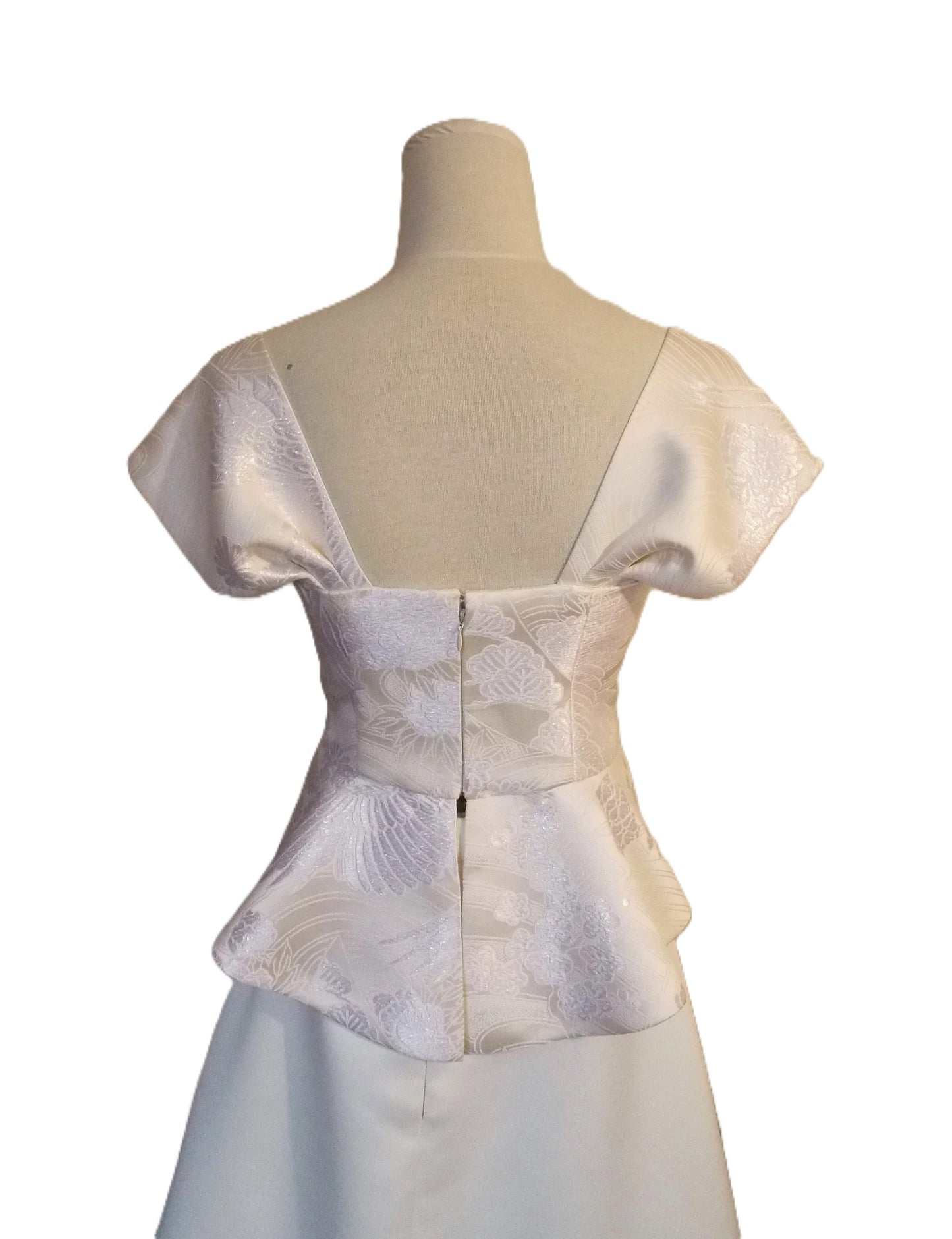Wedding dress with vintage White KIMONO top OBI bow sash belt Ivory crane chrysanthemum spring flower A line made to order