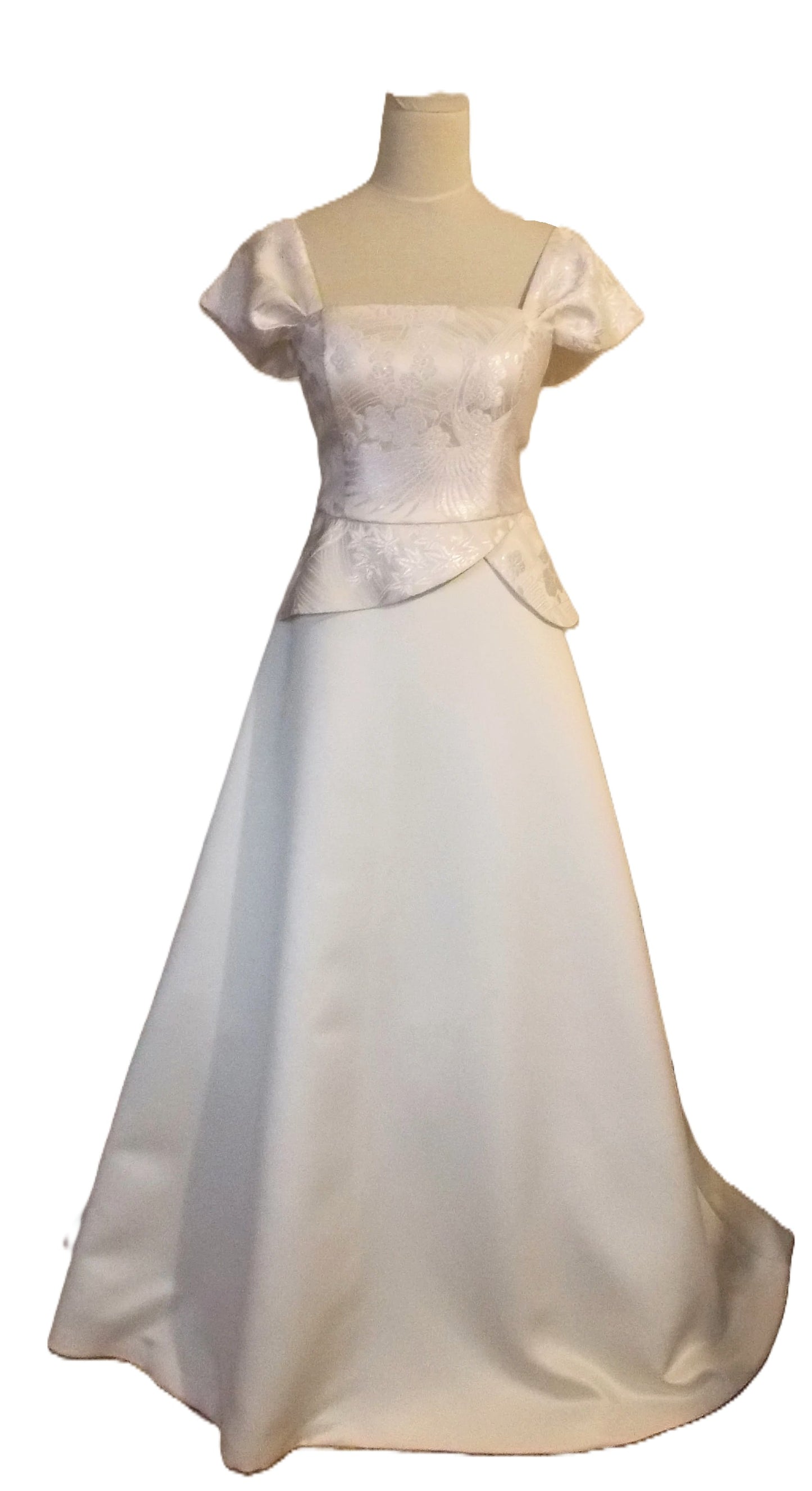 Wedding dress with vintage White KIMONO top OBI bow sash belt Ivory crane chrysanthemum spring flower A line made to order
